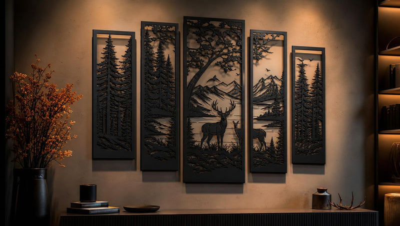 Woodland Harmony | Five-Panel Layered Metal Wall Art — Forest & Mountain