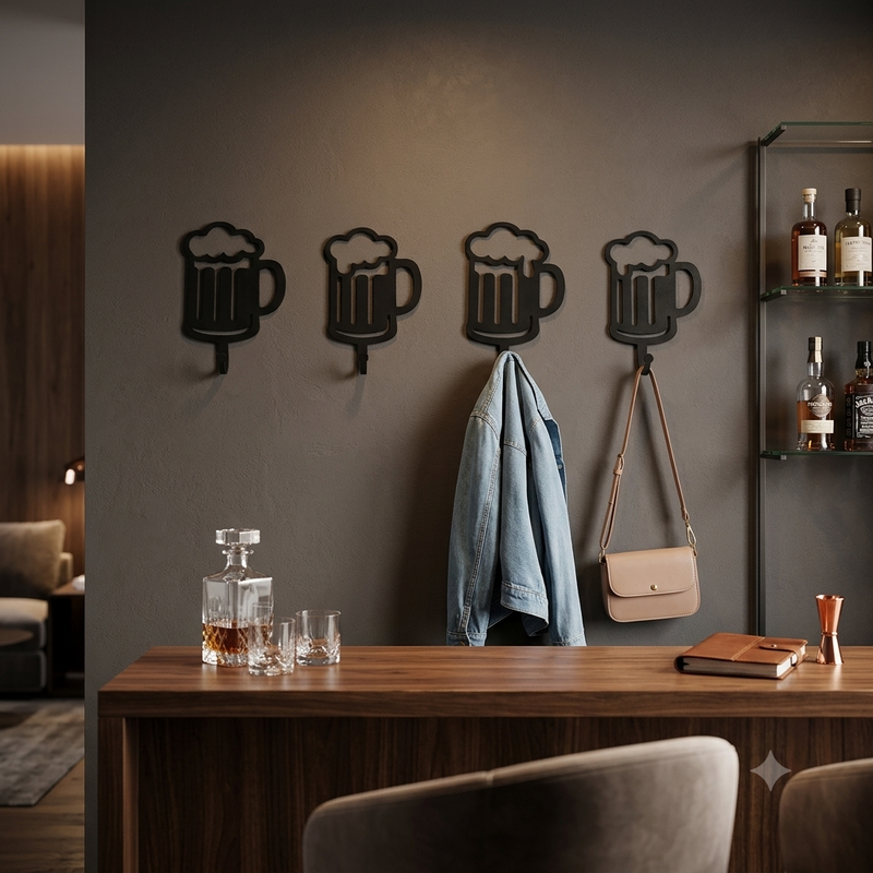 Row of four beer mug shaped wall hooks mounted above a bar counter, two of them holding a jacket and a shoulder bag.