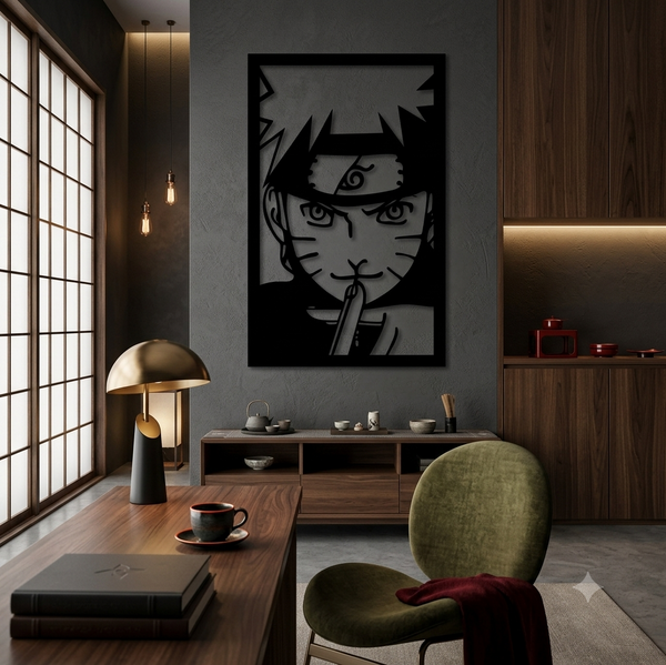 Framed Naruto wall art panel showing a close-up of his face and forehead protector, hung above a low wooden console.