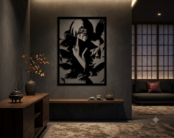 Framed Itachi wall art panel showing him in a hooded cloak with a raised hand seal as a flock of crows scatters around him.