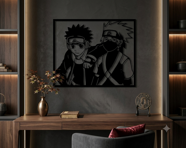 Framed wall art panel showing Kakashi and Obito side by side, Obito wearing goggles and Kakashi in a face mask.