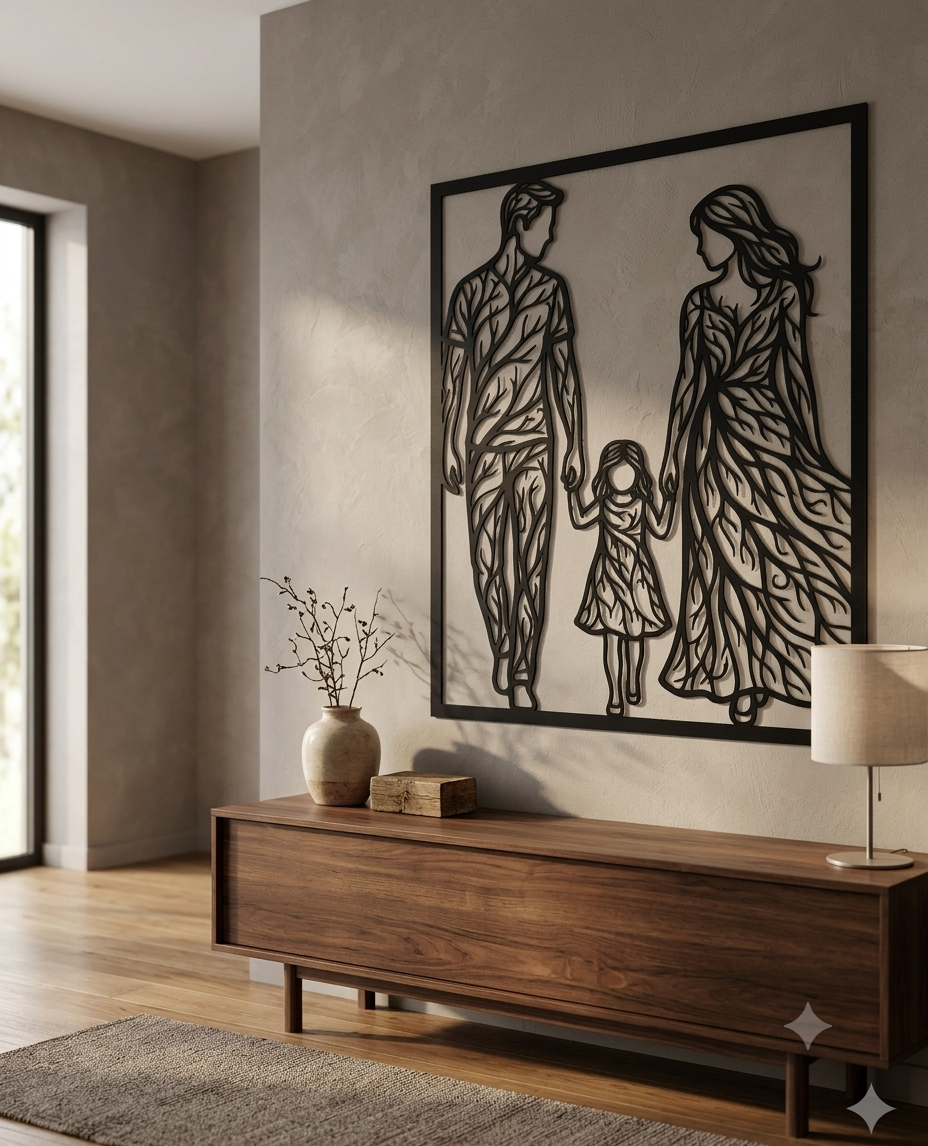 Framed wall art of a man and a woman walking hand in hand with a young girl between them, their figures filled with leaf and vein patterns.