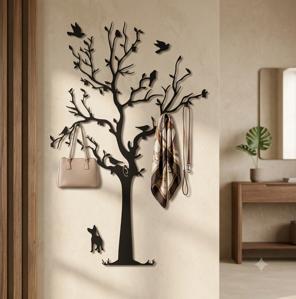Free-form tree shaped wall hanger with bare branches, perched birds and a small dog at the base, holding a handbag and a scarf.