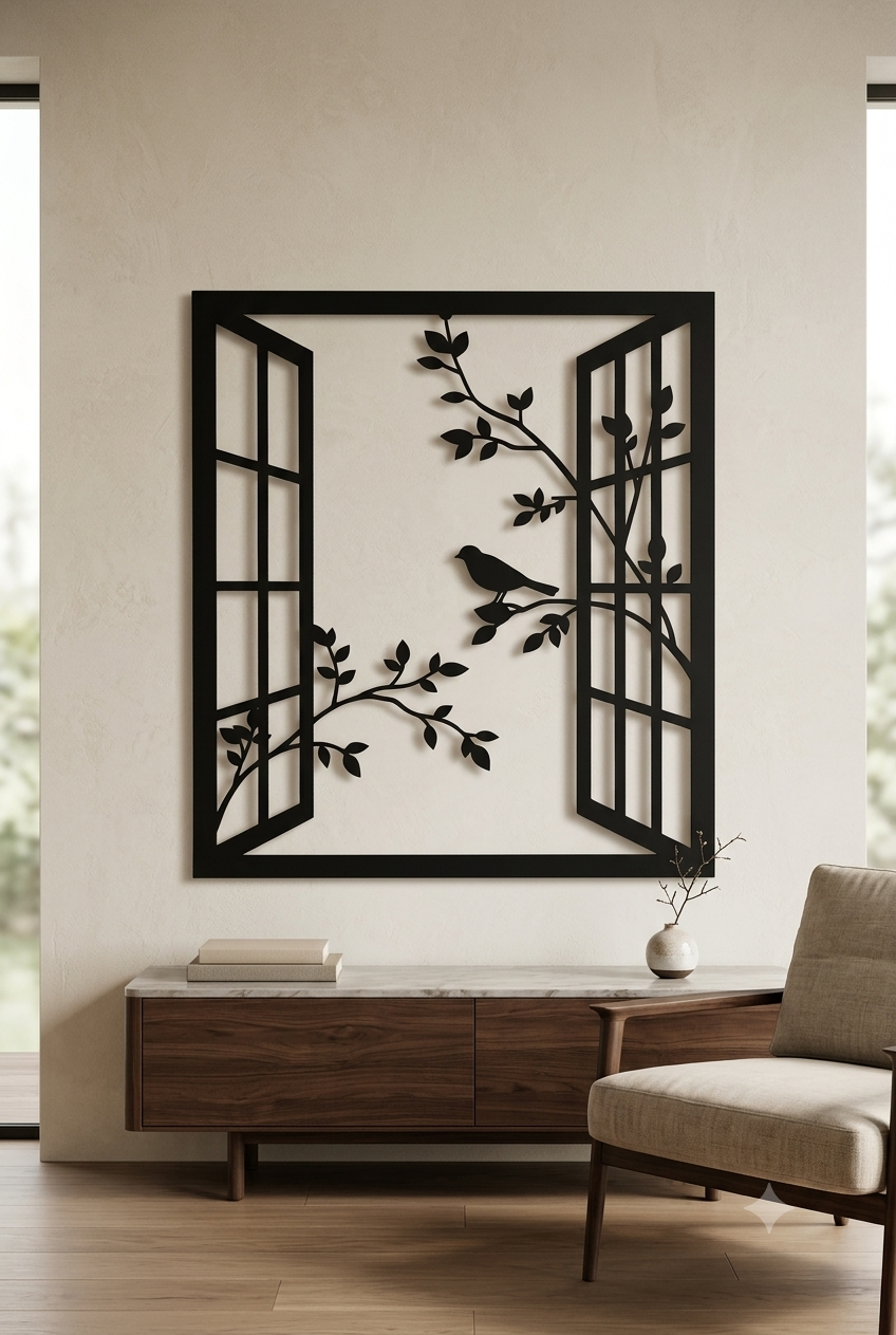 Framed wall art of a pair of open casement windows with leafy branches reaching through and a small bird perched on one branch.