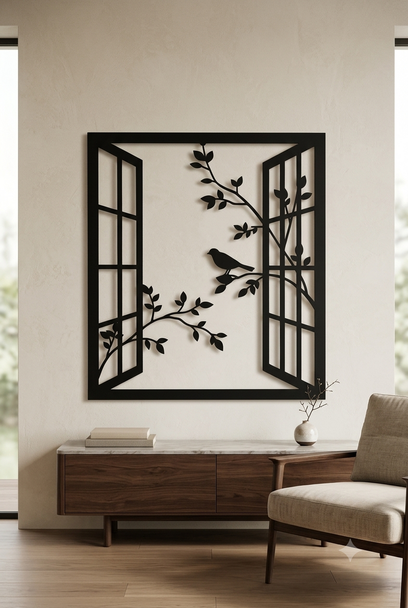 Framed wall art of a pair of open casement windows with leafy branches reaching through and a small bird perched on one branch.