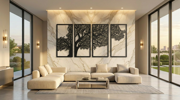 Four Qul Surah Tree Design | Surah Al-Kafirun | Surah Al-Ikhlas | Surah Al-Falaq | Surah An-Nas Premium Metal Islamic Wall Art (4-Panel Set)