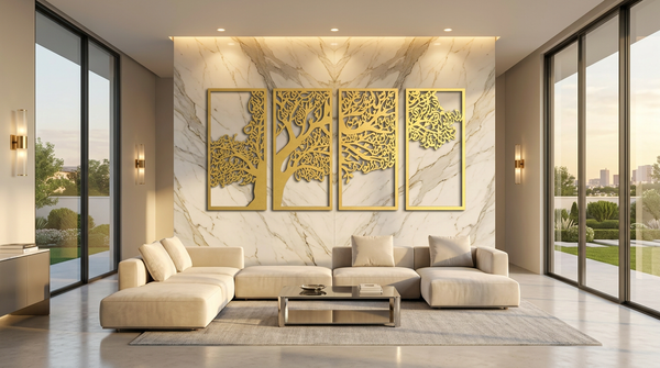 Four Qul Surah Tree Design | Surah Al-Kafirun | Surah Al-Ikhlas | Surah Al-Falaq | Surah An-Nas Premium Metal Islamic Wall Art (4-Panel Set)