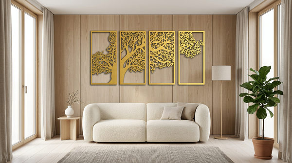 Four Qul Surah Tree Design | Surah Al-Kafirun | Surah Al-Ikhlas | Surah Al-Falaq | Surah An-Nas Premium Metal Islamic Wall Art (4-Panel Set)