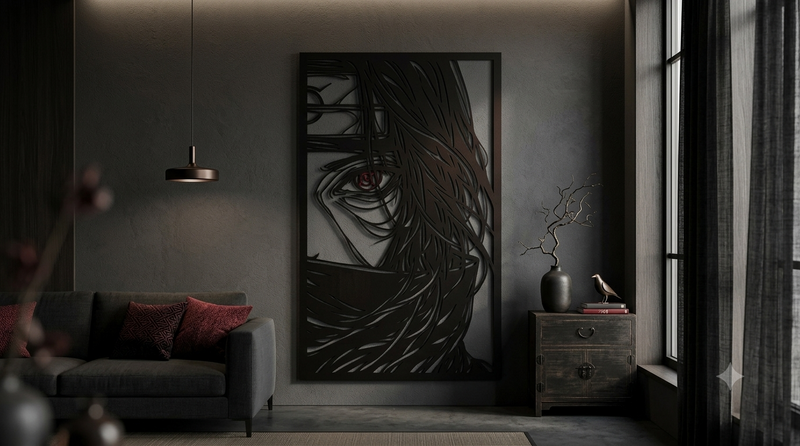 Framed Itachi wall art panel cropped tightly on one eye, with long hair sweeping across the rest of the panel.