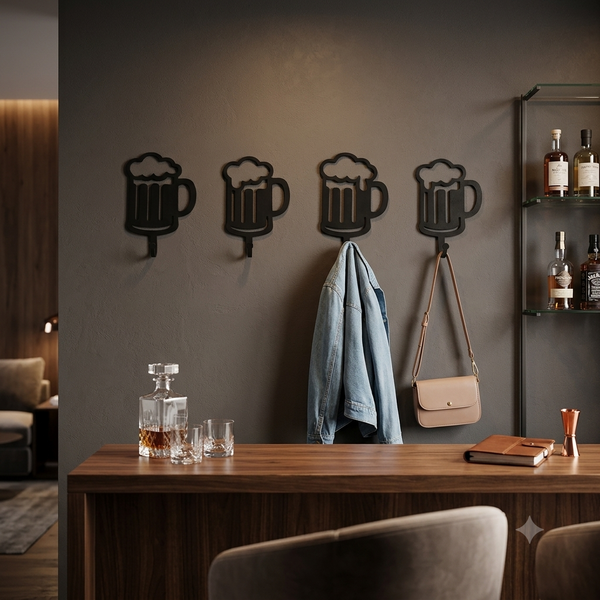 Row of four beer mug shaped wall hooks mounted above a bar counter, two of them holding a jacket and a shoulder bag.