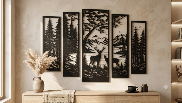 Woodland Harmony | Five-Panel Layered Metal Wall Art — Forest & Mountain