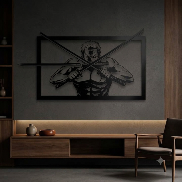 Framed wall art panel showing Zoro from the chest up gripping three swords crossed in front of him.
