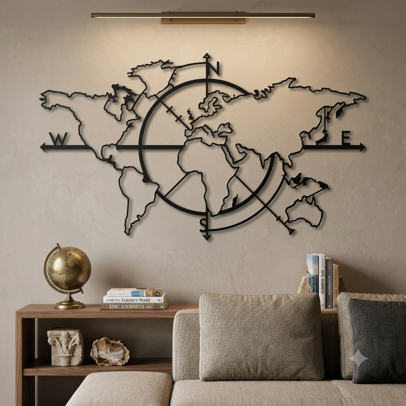 Unframed world map wall art drawn in open outline with a large compass ring and directional arrows across the centre.