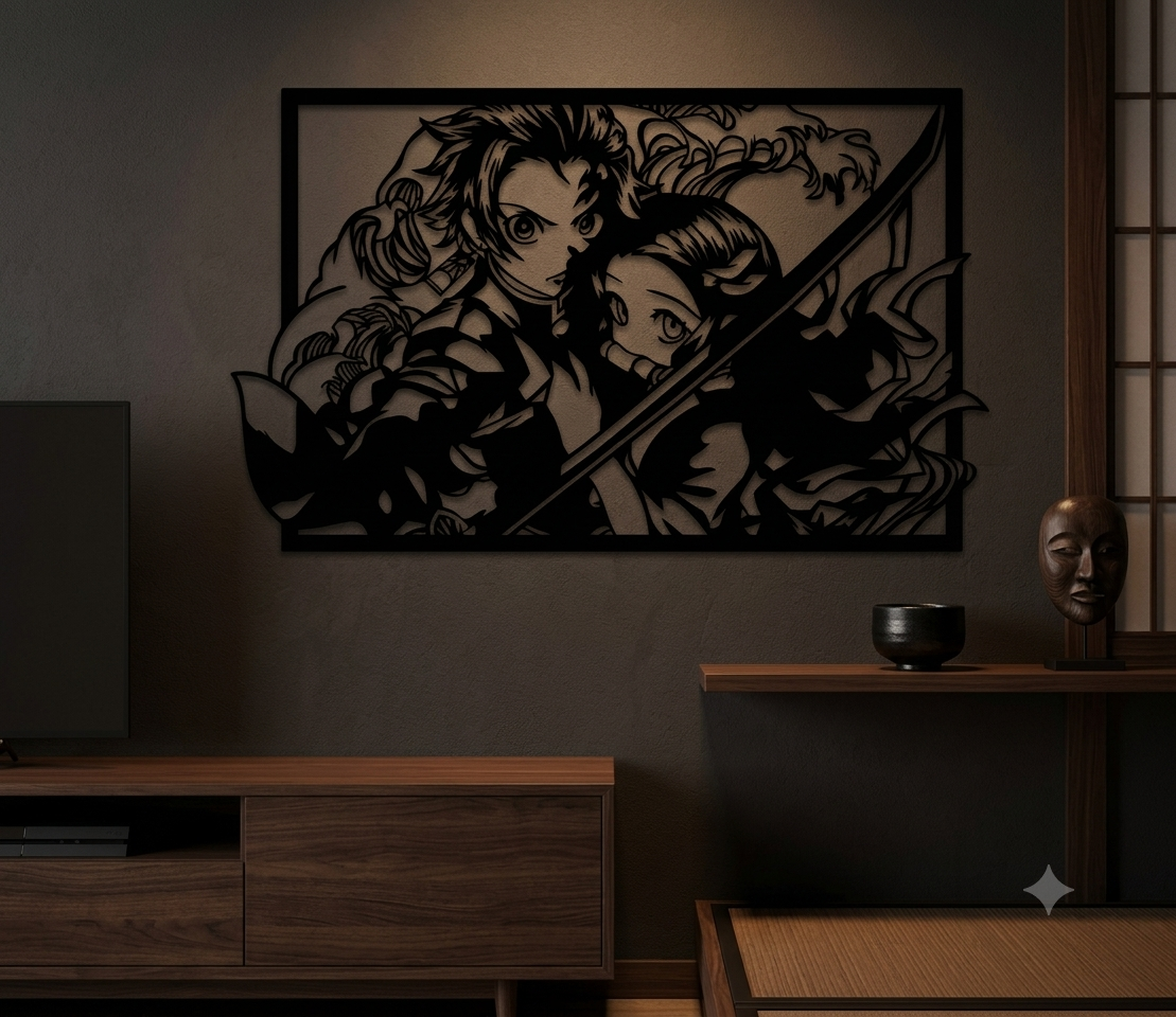 Framed Demon Slayer wall art panel showing Tanjiro and Nezuko together with a blade running diagonally across the scene.