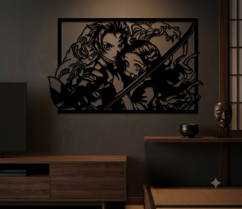 Framed Demon Slayer wall art panel showing Tanjiro and Nezuko together with a blade running diagonally across the scene.