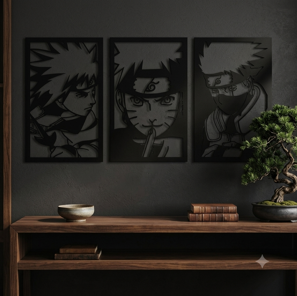 Three framed wall art panels hung in a row showing the Yellow Flash, Naruto and Kakashi, one character per panel.